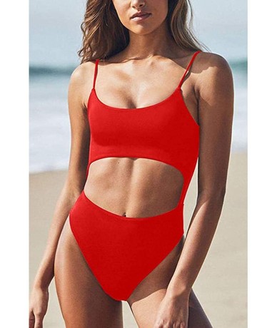 Racing Womens Scoop Neck Cut Out Front Lace Up Back High Cut Monokini One Piece Swimsuit - Red - CI18T34R6IN $20.71