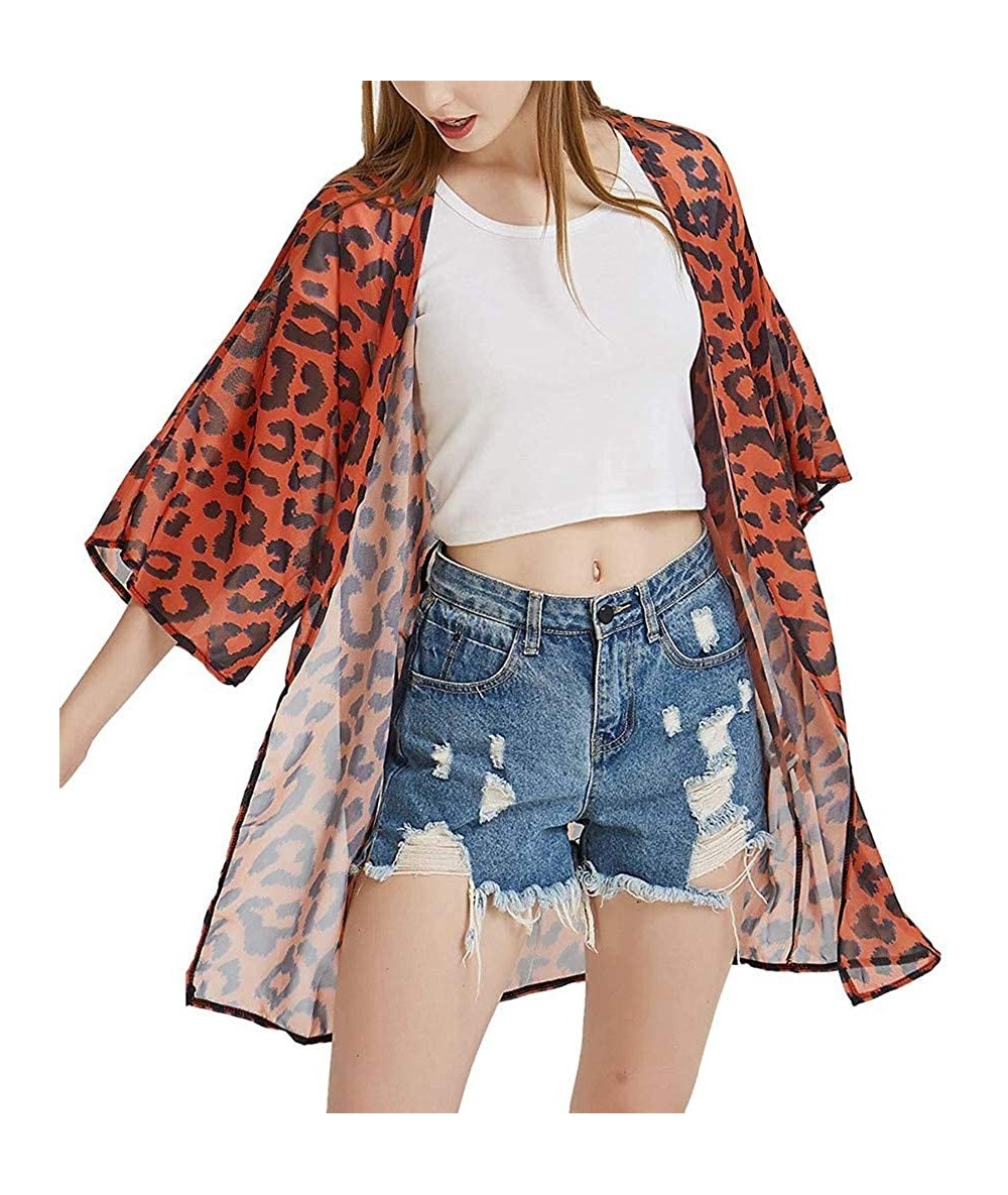 Cover-Ups Womens Half Sleeve Chiffon Leopard Print Cardigan Smock Easy Blouse Tops Beach Cover Up - Red - C918U0ZTOTU $20.79