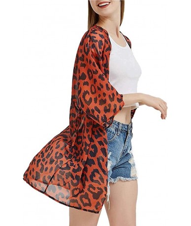 Cover-Ups Womens Half Sleeve Chiffon Leopard Print Cardigan Smock Easy Blouse Tops Beach Cover Up - Red - C918U0ZTOTU $20.79