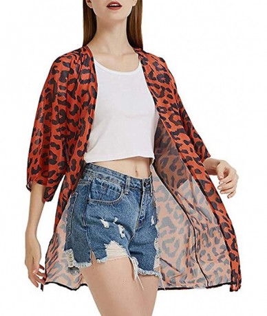 Cover-Ups Womens Half Sleeve Chiffon Leopard Print Cardigan Smock Easy Blouse Tops Beach Cover Up - Red - C918U0ZTOTU $20.79