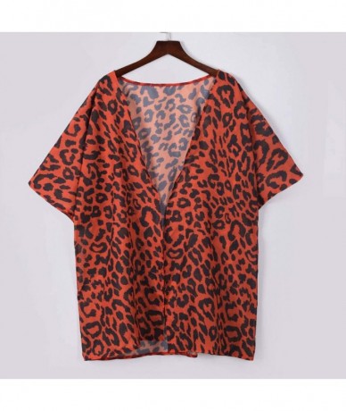 Cover-Ups Womens Half Sleeve Chiffon Leopard Print Cardigan Smock Easy Blouse Tops Beach Cover Up - Red - C918U0ZTOTU $20.79