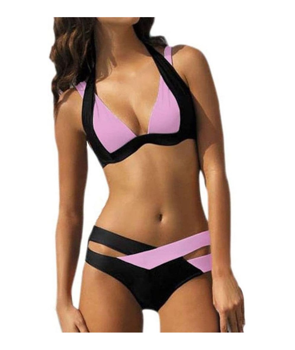 Sets Women Bikini Set Women's Sexy Two Piece Swimsuit Swim Beach Wear Print Bandage Swimwear Bikini Set (XXL Pink) Pink - C71...