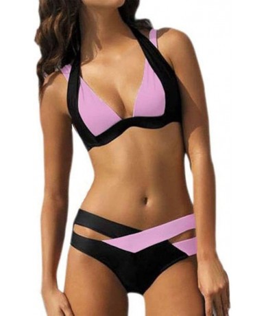 Sets Women Bikini Set Women's Sexy Two Piece Swimsuit Swim Beach Wear Print Bandage Swimwear Bikini Set (XXL Pink) Pink - C71...