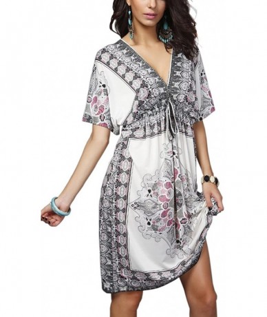 Rash Guards Womens Sexy Boho Low-Cut V-Neck Summer Floral Tunic Beach Midi Dress - White - CL12FSQ5HAJ $24.76