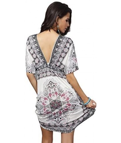 Rash Guards Womens Sexy Boho Low-Cut V-Neck Summer Floral Tunic Beach Midi Dress - White - CL12FSQ5HAJ $24.76