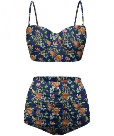 Bottoms Women's Retro Summer Bright Floral Print Funny Swimsuits High Waisted Bikini Set - Navy - CP196SMMISL $66.89