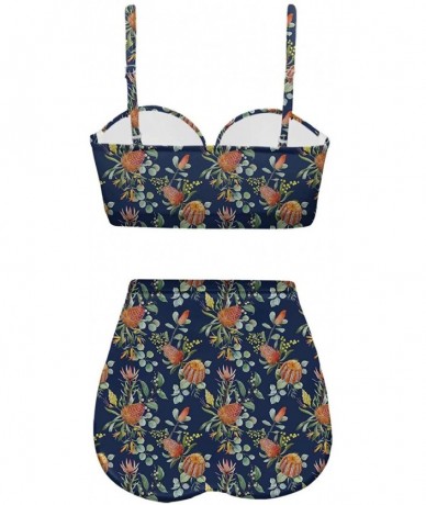 Bottoms Women's Retro Summer Bright Floral Print Funny Swimsuits High Waisted Bikini Set - Navy - CP196SMMISL $66.89