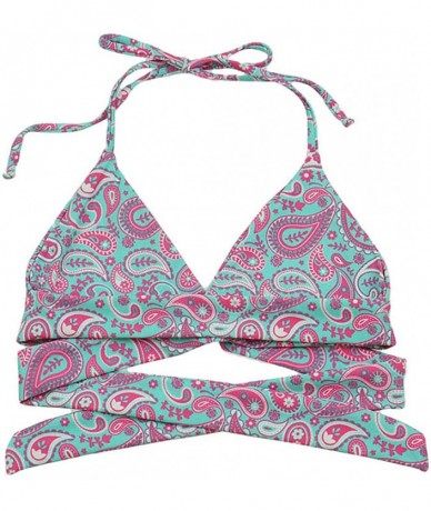 Tops Women's Seamless Self-Lined Wrap-Around Halter Bikini Top - V-neck Blue Paisley - CN18CY5M9W5 $43.84