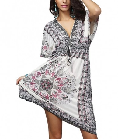 Rash Guards Womens Sexy Boho Low-Cut V-Neck Summer Floral Tunic Beach Midi Dress - White - CL12FSQ5HAJ $24.76