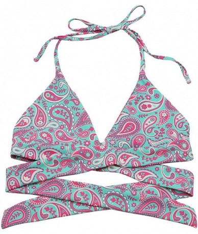 Tops Women's Seamless Self-Lined Wrap-Around Halter Bikini Top - V-neck Blue Paisley - CN18CY5M9W5 $43.84