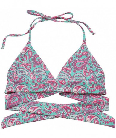 Tops Women's Seamless Self-Lined Wrap-Around Halter Bikini Top - V-neck Blue Paisley - CN18CY5M9W5 $43.84