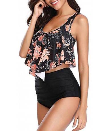 Tankinis Bikini Swimsuit for Women Two Piece Bathing Suit Ruffled Top High Waisted Bottom Bikini Tankini Set - Black2 - C018Q...