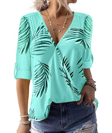 Cover-Ups Floral Blouses for Womens Leaves Feather Flared Long Sleeve V Neck Bandage Drawstring Tunic Tops Casual Tshirt 3 Gr...