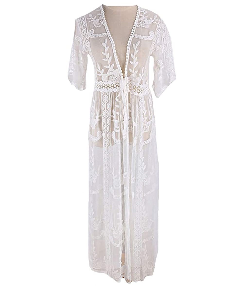 Cover-Ups Women's Sheer Floral Lace Kimono Jacket Cardigan Robe Crochet Beach Dress Bikini Swimsuit Cover Up Swimwear White G...