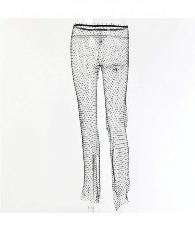 Cover-Ups Women Sexy Crystal Rhinestone Mesh Pants Hollow Out Fishnet Leggings Rave Party Festival Club Trousers Beach Cover ...