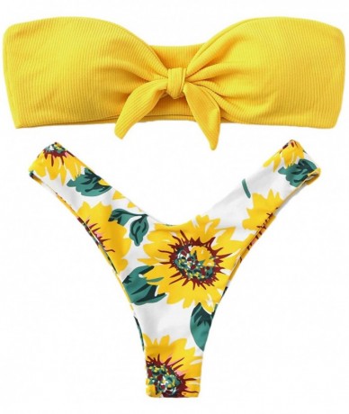 Sets Cute Print Knot Front Bandeau Top High Cut Strapless Bikini Set Padded - Yellow - CW192NXXXZ8 $40.48