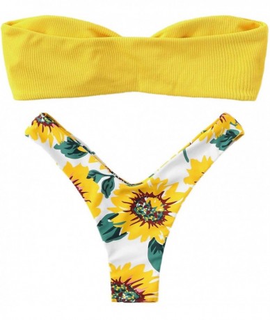 Sets Cute Print Knot Front Bandeau Top High Cut Strapless Bikini Set Padded - Yellow - CW192NXXXZ8 $40.48