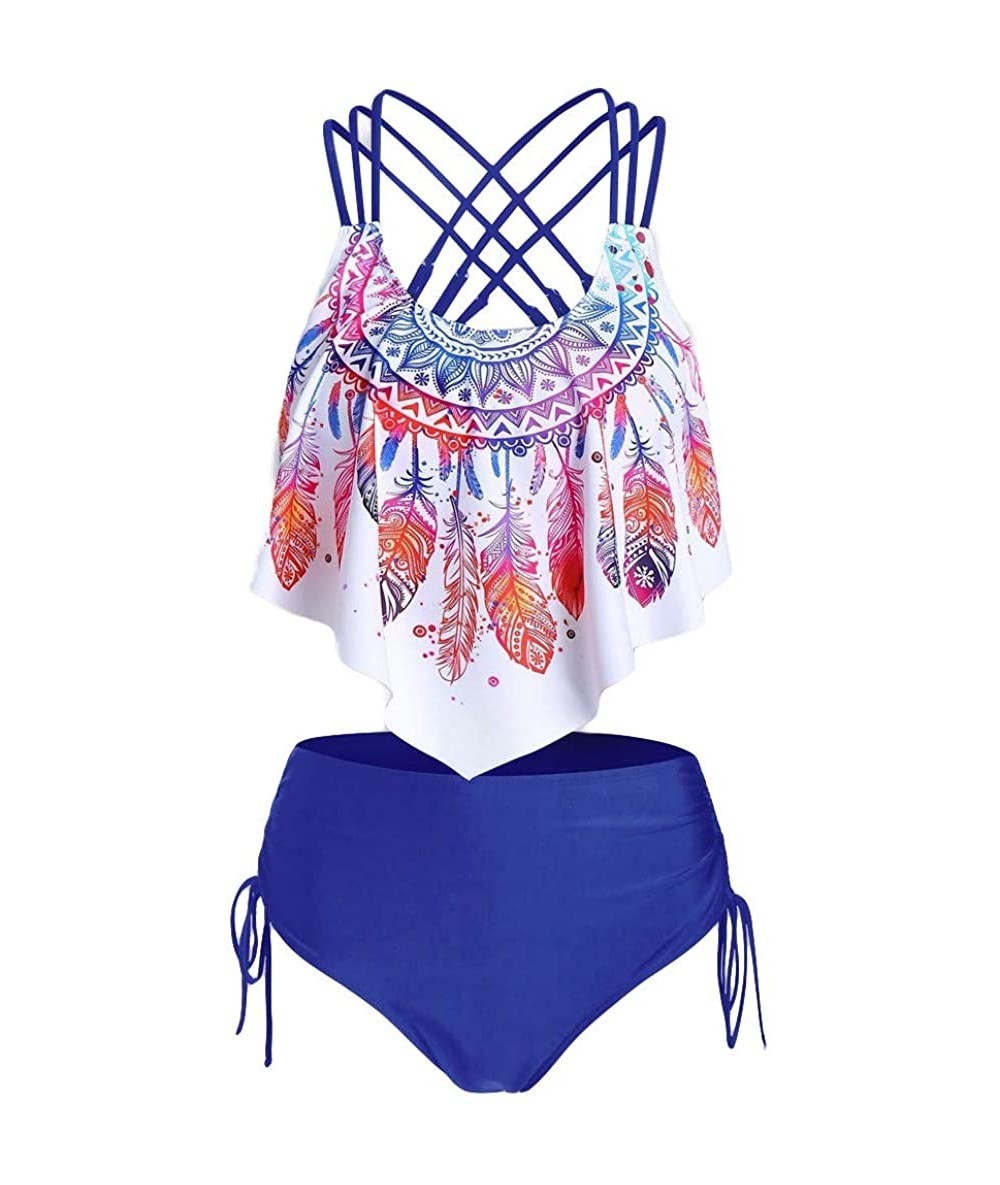 Sets Women Feather Print Swimwear Push Up Padded Bikini Set Overlay Flounce Crisscross Tankini Swimwear Bikini Bottoms Blue -...