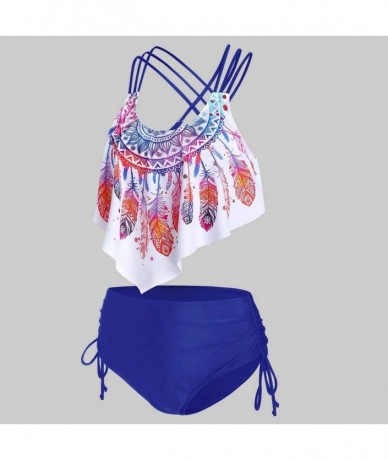 Sets Women Feather Print Swimwear Push Up Padded Bikini Set Overlay Flounce Crisscross Tankini Swimwear Bikini Bottoms Blue -...