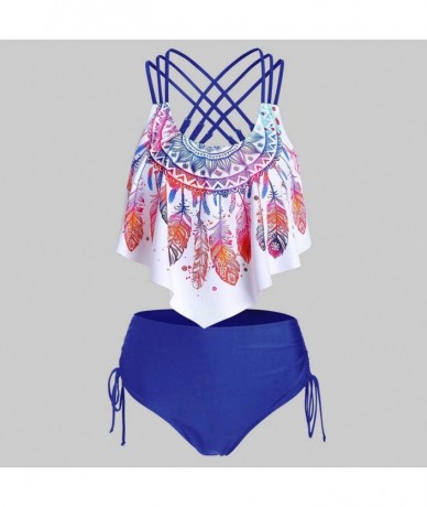 Sets Women Feather Print Swimwear Push Up Padded Bikini Set Overlay Flounce Crisscross Tankini Swimwear Bikini Bottoms Blue -...