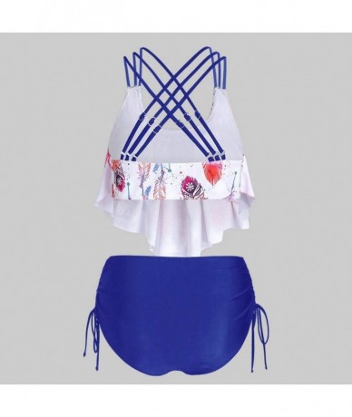 Sets Women Feather Print Swimwear Push Up Padded Bikini Set Overlay Flounce Crisscross Tankini Swimwear Bikini Bottoms Blue -...