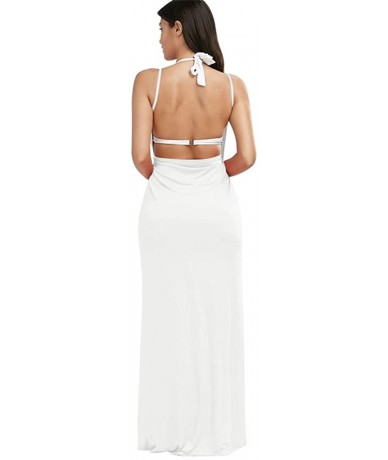 Cover-Ups Women's Sexy Dress Spaghetti Strap Backless Solid Beach Maxi Dress Bikini Cover Up - White - CC18NGAHGZ2 $39.85