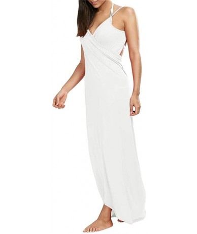 Cover-Ups Women's Sexy Dress Spaghetti Strap Backless Solid Beach Maxi Dress Bikini Cover Up - White - CC18NGAHGZ2 $39.85