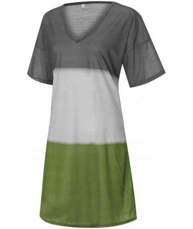 Cover-Ups Women Plus Size Casual Triple Color Block Splice Holiday Beach Dresses V-Neck Short Sleeve Loose Cotton Linen Dress...