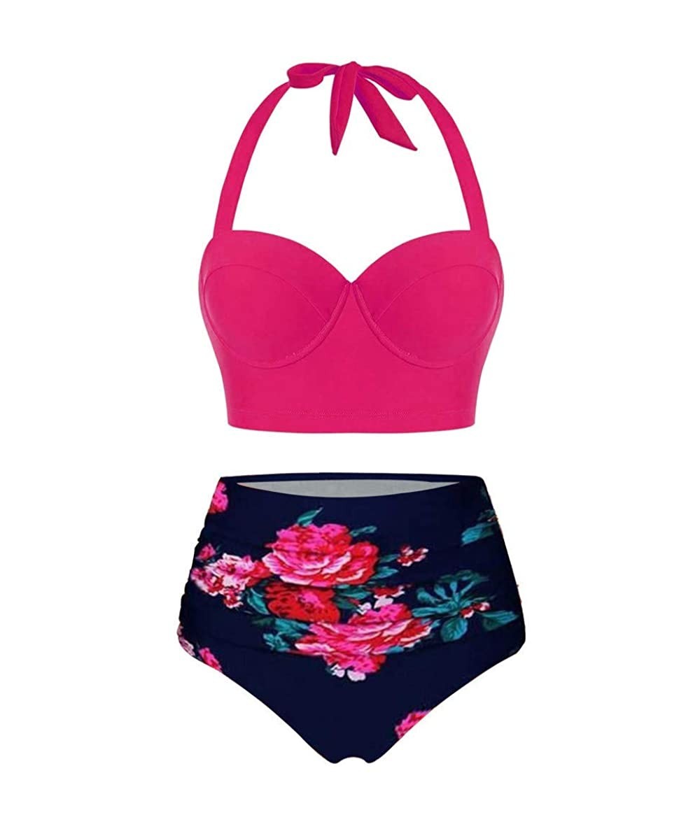 Sets Women Floral Print High Waist Crop Tops+Shorts Two Piece Swimwear Halter Tankini - Hot Pink - CN19685G0I7 $32.17