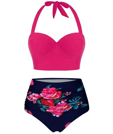 Sets Women Floral Print High Waist Crop Tops+Shorts Two Piece Swimwear Halter Tankini - Hot Pink - CN19685G0I7 $32.17