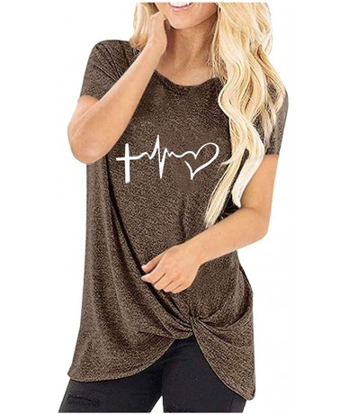 Tankinis Women Loose Fit Irregular Hem T-Shirts Tops O Neck Short Sleeves Knits Tees - 01 Coffee - CG194X5UKM2 $24.74