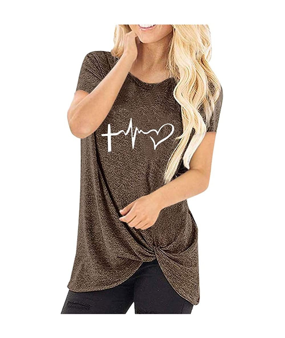 Tankinis Women Loose Fit Irregular Hem T-Shirts Tops O Neck Short Sleeves Knits Tees - 01 Coffee - CG194X5UKM2 $24.74