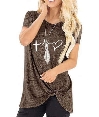 Tankinis Women Loose Fit Irregular Hem T-Shirts Tops O Neck Short Sleeves Knits Tees - 01 Coffee - CG194X5UKM2 $24.74