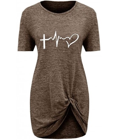 Tankinis Women Loose Fit Irregular Hem T-Shirts Tops O Neck Short Sleeves Knits Tees - 01 Coffee - CG194X5UKM2 $24.74