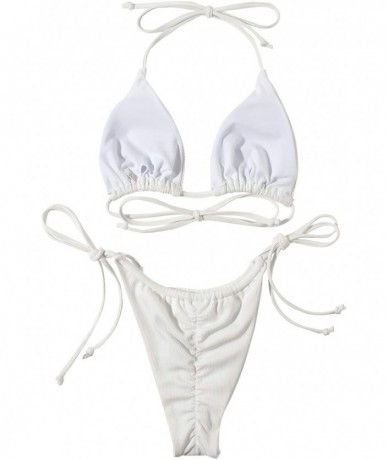 Tankinis Women's Ribbed Tie Bikini Brazilian Cheeky Bottom String Swimsuit - White-4229 - CI198H90GG7 $45.47