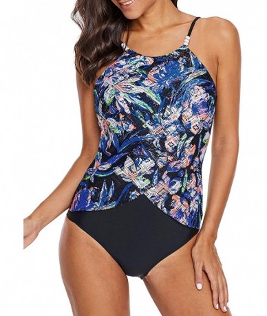 One-Pieces Women Floral Print Swimdress Tummy Control One-Piece Skirted Swimwear Beachwear - Black Print - C218UKH944T $51.11