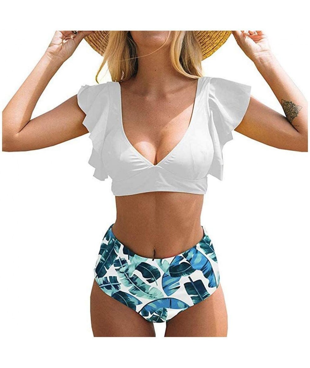 Racing Women High Waist Bikini Push Up Bikinis Print Swimsuit Female Beachwear Swimwear - White - C21962GXX00 $24.74