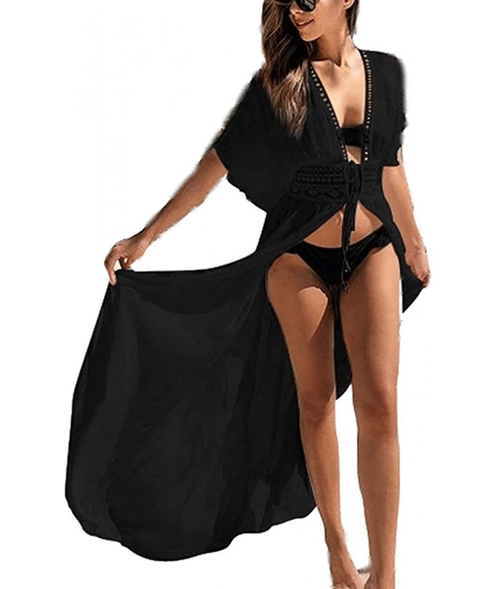 Cover-Ups Women's Black Long Swimsuit Kimono Cover up Solid lace Jacket Short Sleeve Kimonos Cardigan with Belt (7038 Black) ...