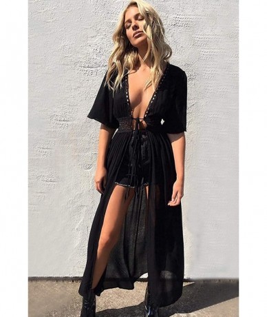 Cover-Ups Women's Black Long Swimsuit Kimono Cover up Solid lace Jacket Short Sleeve Kimonos Cardigan with Belt (7038 Black) ...