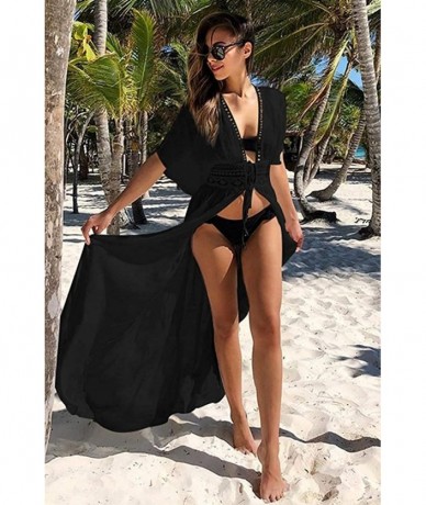 Cover-Ups Women's Black Long Swimsuit Kimono Cover up Solid lace Jacket Short Sleeve Kimonos Cardigan with Belt (7038 Black) ...