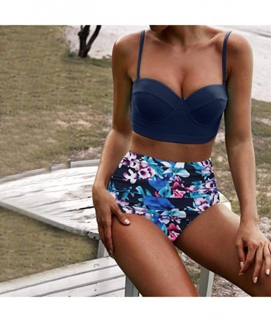 Bottoms Women's High Waist Bikini Swimwear Women's Vintage Print Beachwear Bikini Set Swimwear - Blue - C118T4QHUIK $29.59