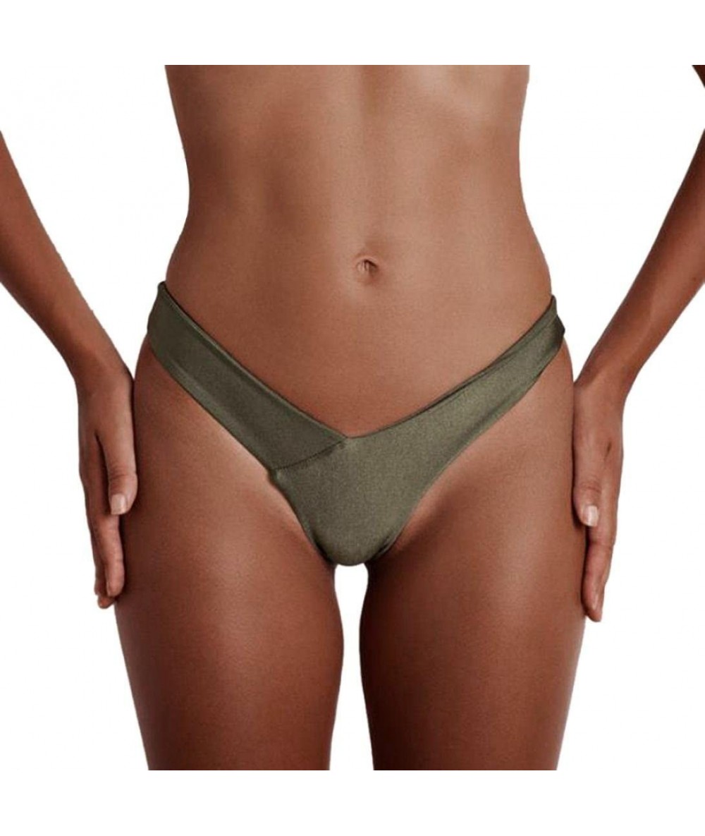 Tankinis Bikini-Han Shi Women Sexy Thong Bottom V Neck Mid Waist Swimwear Swimsuit Pants - Army Green - CA18C9MWMXL $17.16