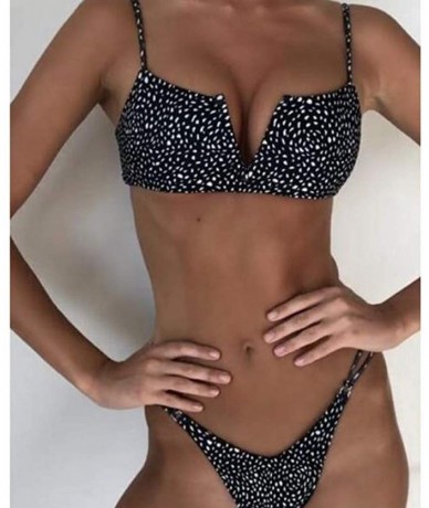 Bottoms Women Solid Color Bikini Swimwear Push-Up Big V Split Swimsuit Beachwear - Black - CN1947XQ7XS $30.75