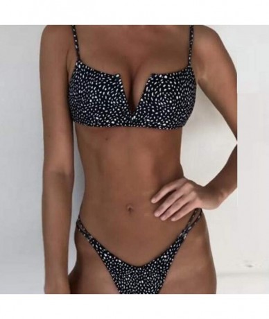 Bottoms Women Solid Color Bikini Swimwear Push-Up Big V Split Swimsuit Beachwear - Black - CN1947XQ7XS $30.75