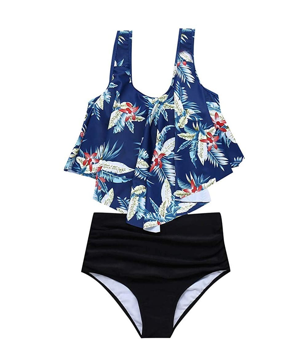 Sets Womens Ruffled Flounce Crop Bikini Top with Hight Waisted Floral Bottom Bravetoshop - Light Blue-1 - C118S3077CA $37.50