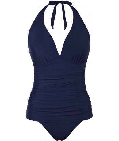 One-Pieces Women's Halter One Piece Swimsuits Shirred Tummy Control Swimwear Skirted Bathing Suits Monokinis - Navy - CN18NXT...