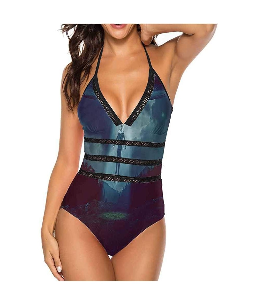 One-Pieces Women's Strappy Swimwear Princess Portrait Frame Great for Pool Party - Multi 30 - CM19C2DILWS $66.50