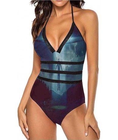 One-Pieces Women's Strappy Swimwear Princess Portrait Frame Great for Pool Party - Multi 30 - CM19C2DILWS $66.50