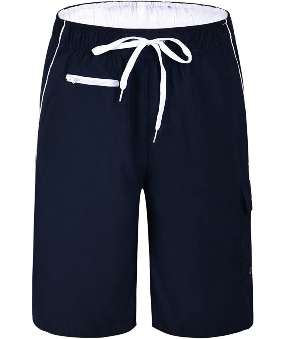 Board Shorts Men's Beachwear Swim Trunks Quick Dry Zipper Pockets with Lining - Navy(white Straps) - CI185O4W89M $36.50