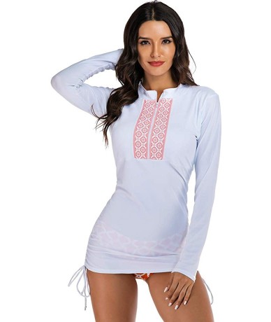 Rash Guards Women's Long Sleeve Rash Guard Swim Shirt Side Adjustable Zip Front Sun Protection Tops with Bottoms - White - CF...